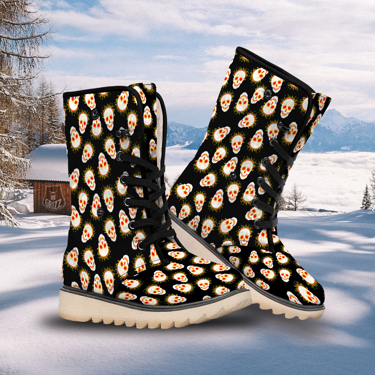 In Flames Skull Print Pattern Snow Boots-grizzshop