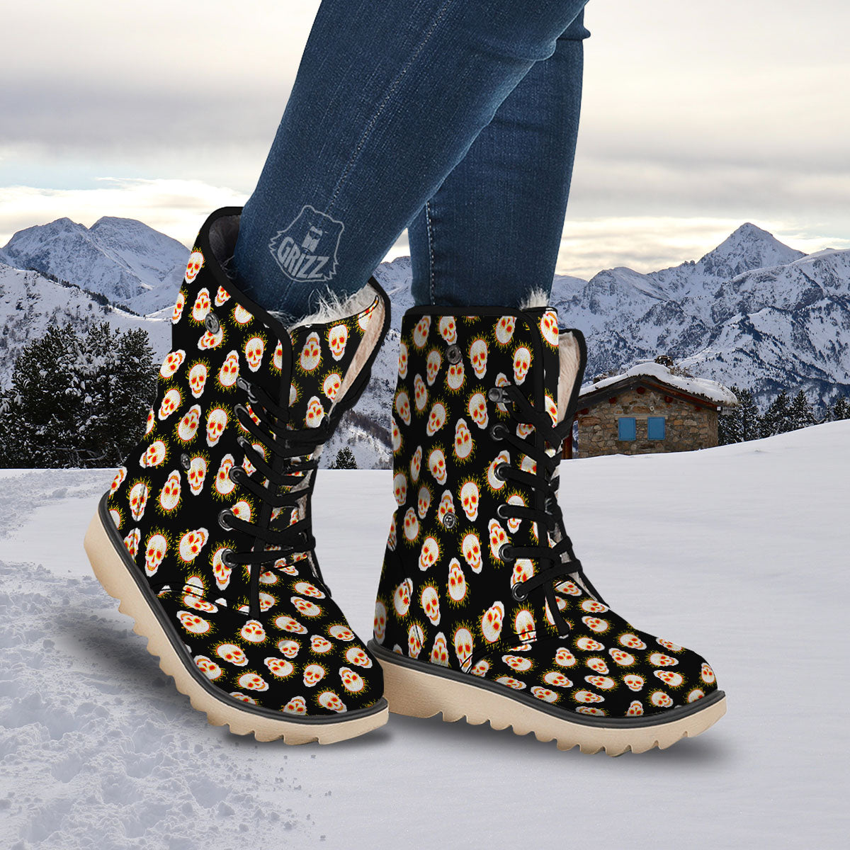In Flames Skull Print Pattern Snow Boots-grizzshop