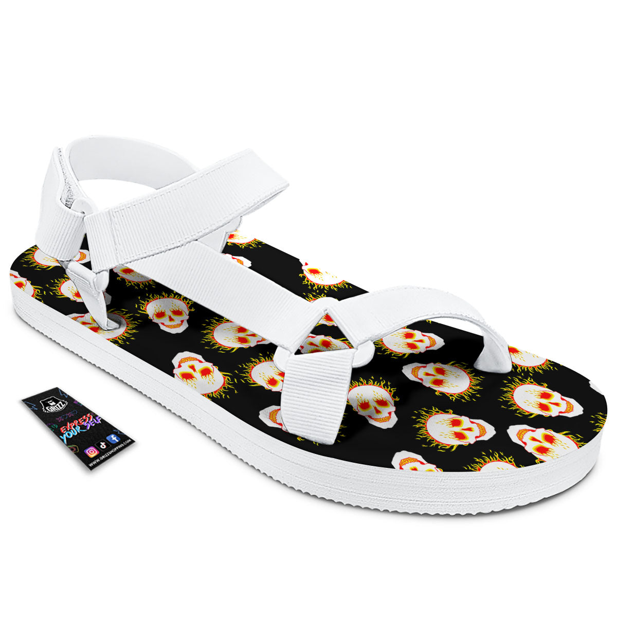 In Flames Skull Print Pattern White Open Toe Sandals-grizzshop