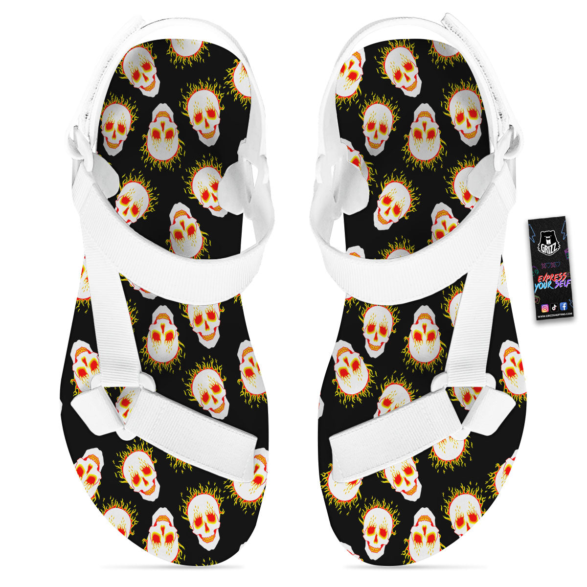 In Flames Skull Print Pattern White Open Toe Sandals-grizzshop
