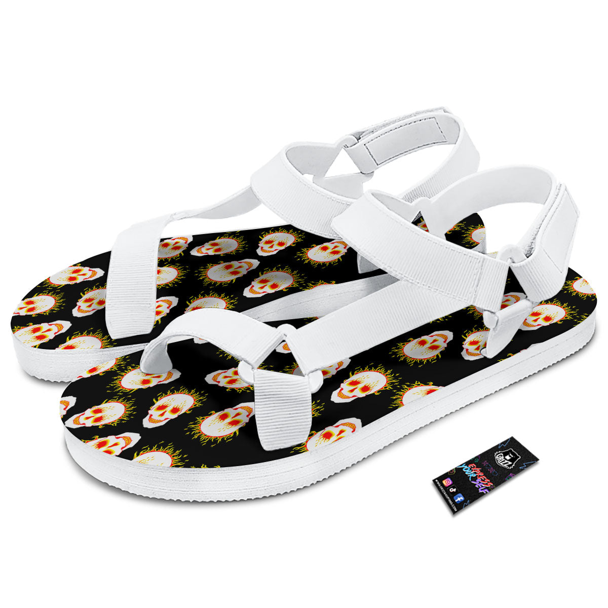 In Flames Skull Print Pattern White Open Toe Sandals-grizzshop