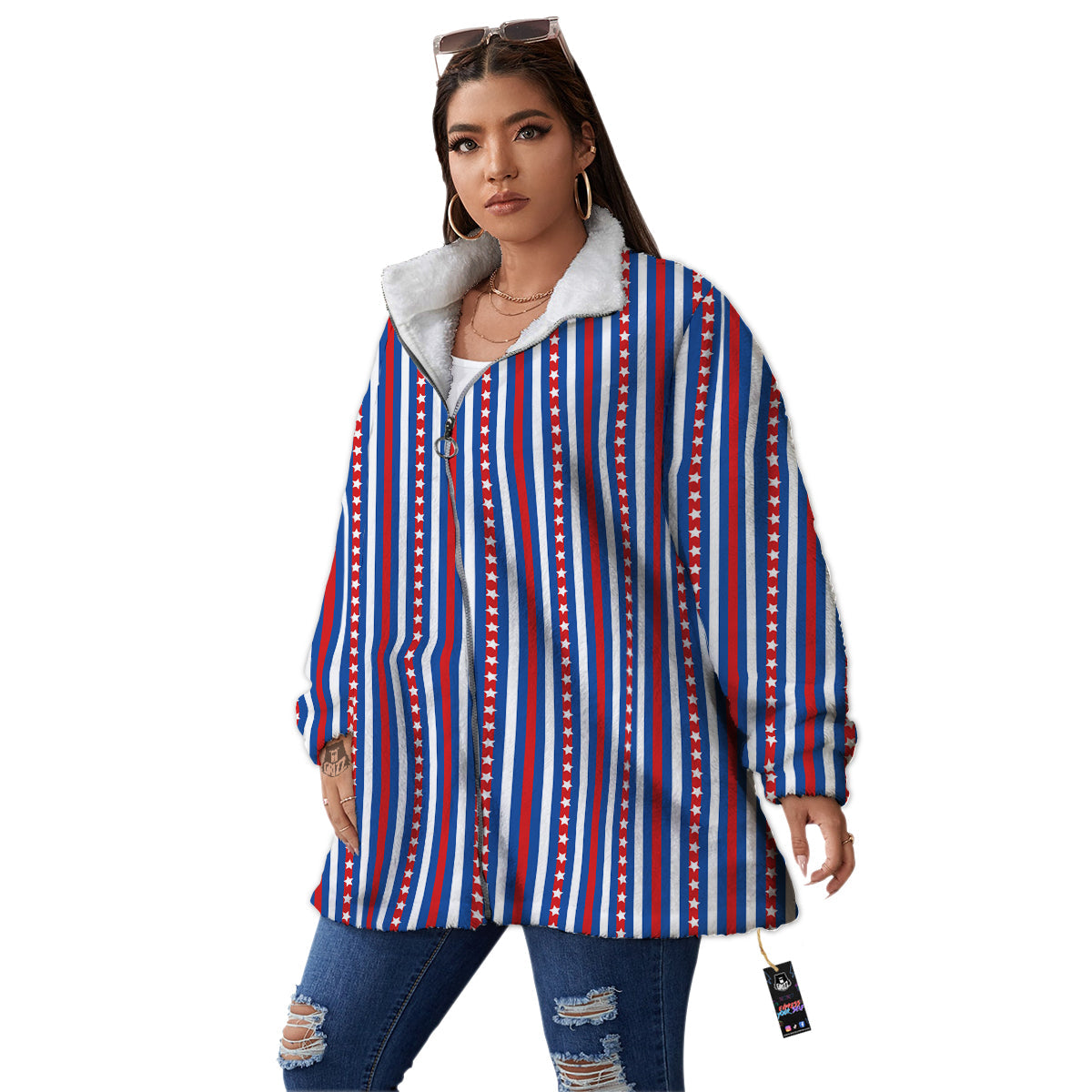 Independence Day USA Print Pattern Women's Sherpa Jacket-grizzshop