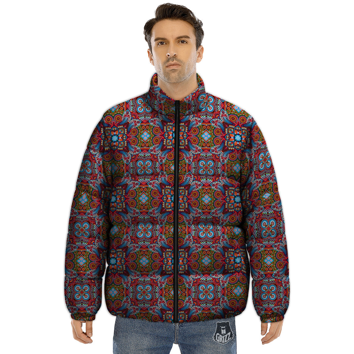 India Paisley Colorful Print Pattern Puffer Jacket-grizzshop