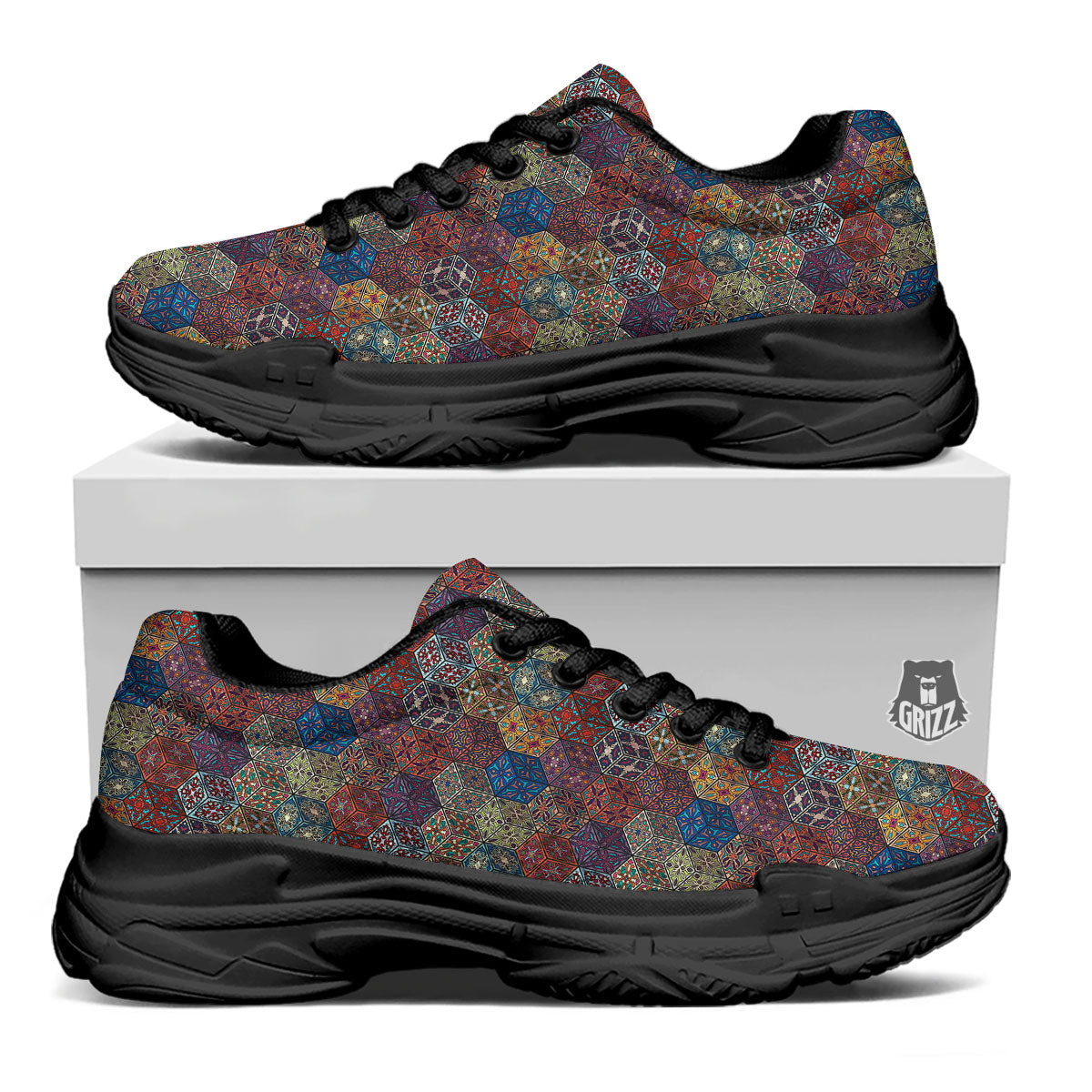 Indian Box Bohemian Print Pattern Black Chunky Shoes-grizzshop