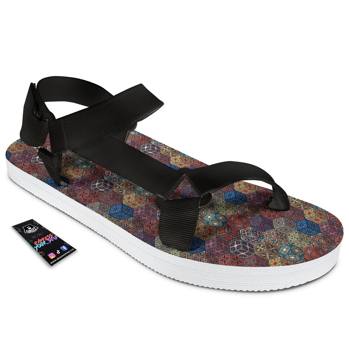 Indian Box Bohemian Print Pattern Black Open Toe Sandals-grizzshop