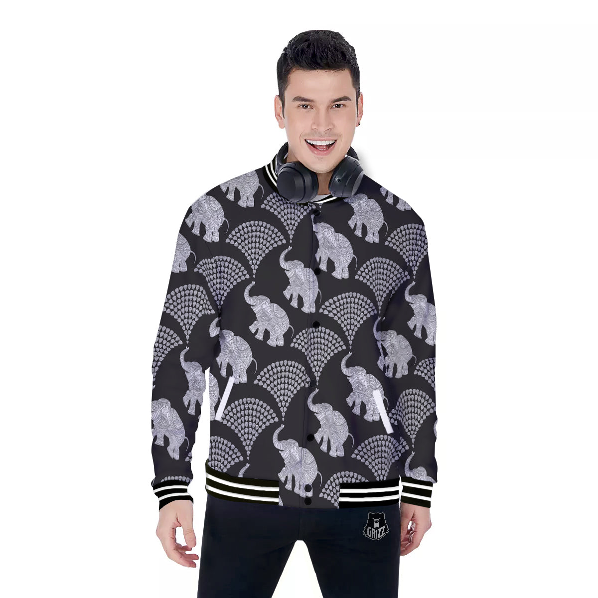 Indian Elephant Black Grey And White Print Pattern Baseball Jacket-grizzshop