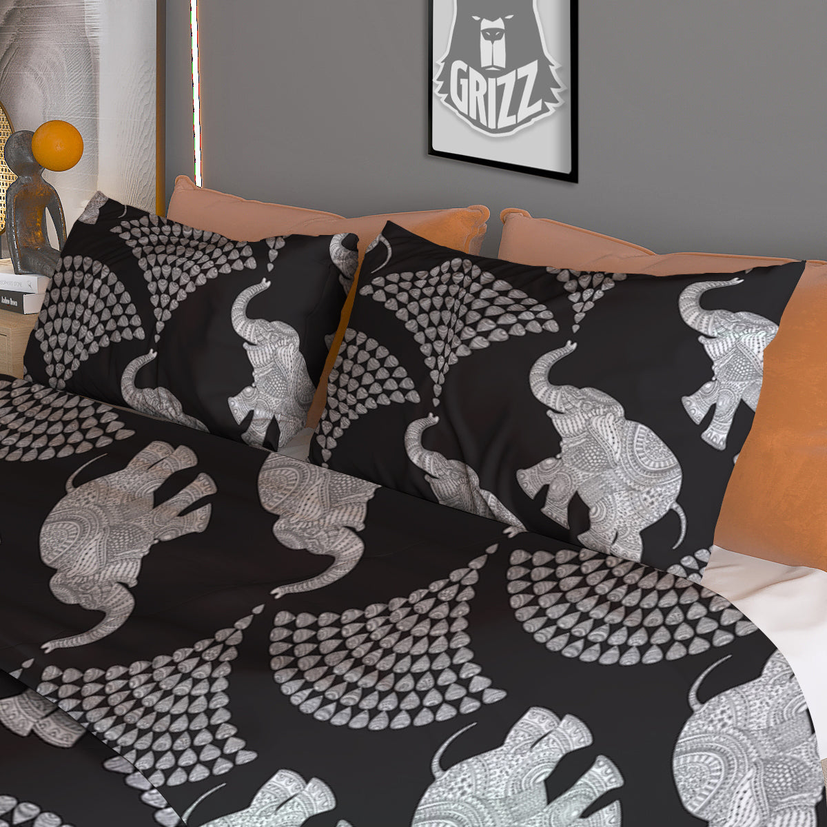 Indian Elephant Black Grey And White Print Pattern Duvet Cover Bedding Set