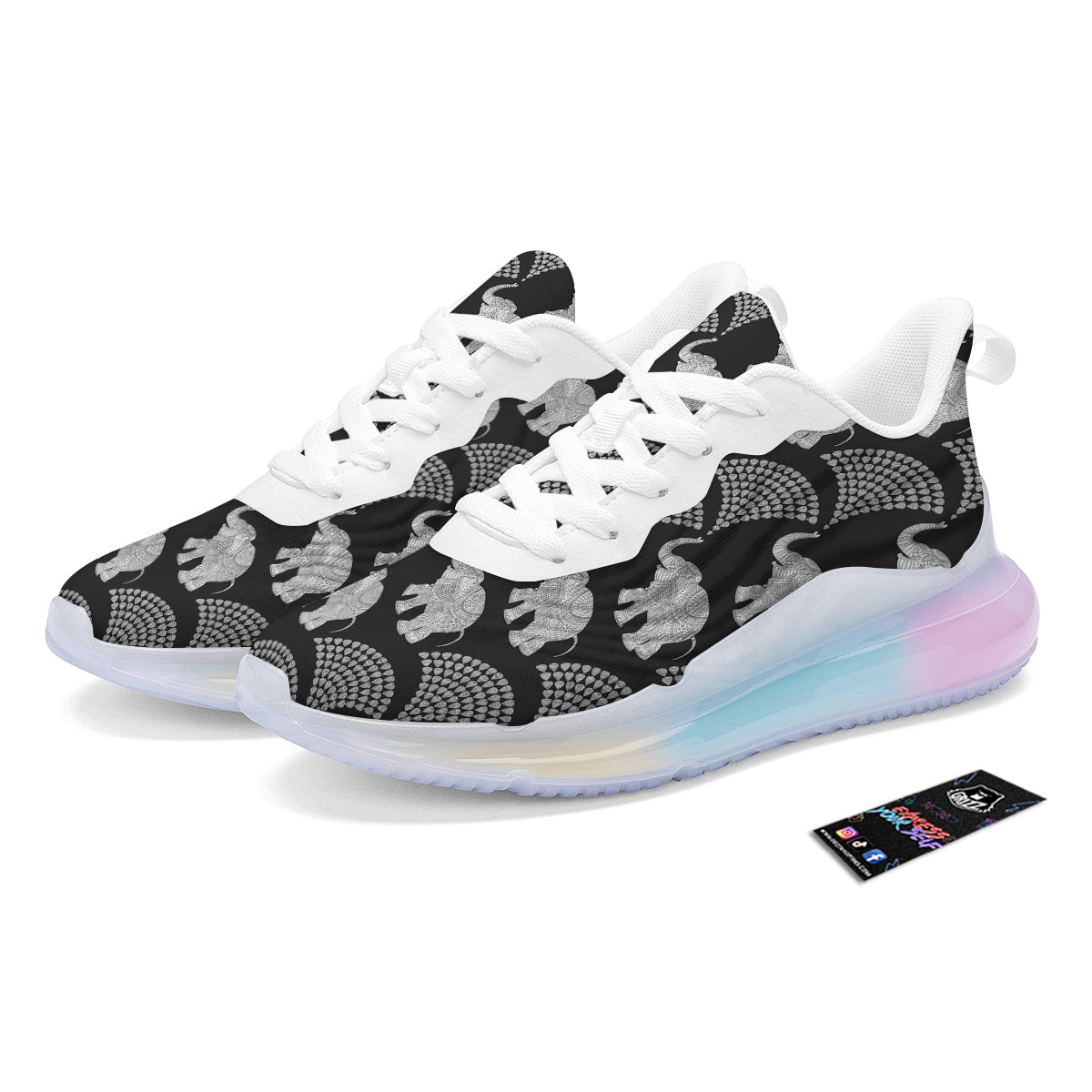 Indian Elephant Black Grey And White Print Pattern Running Sneakers-grizzshop