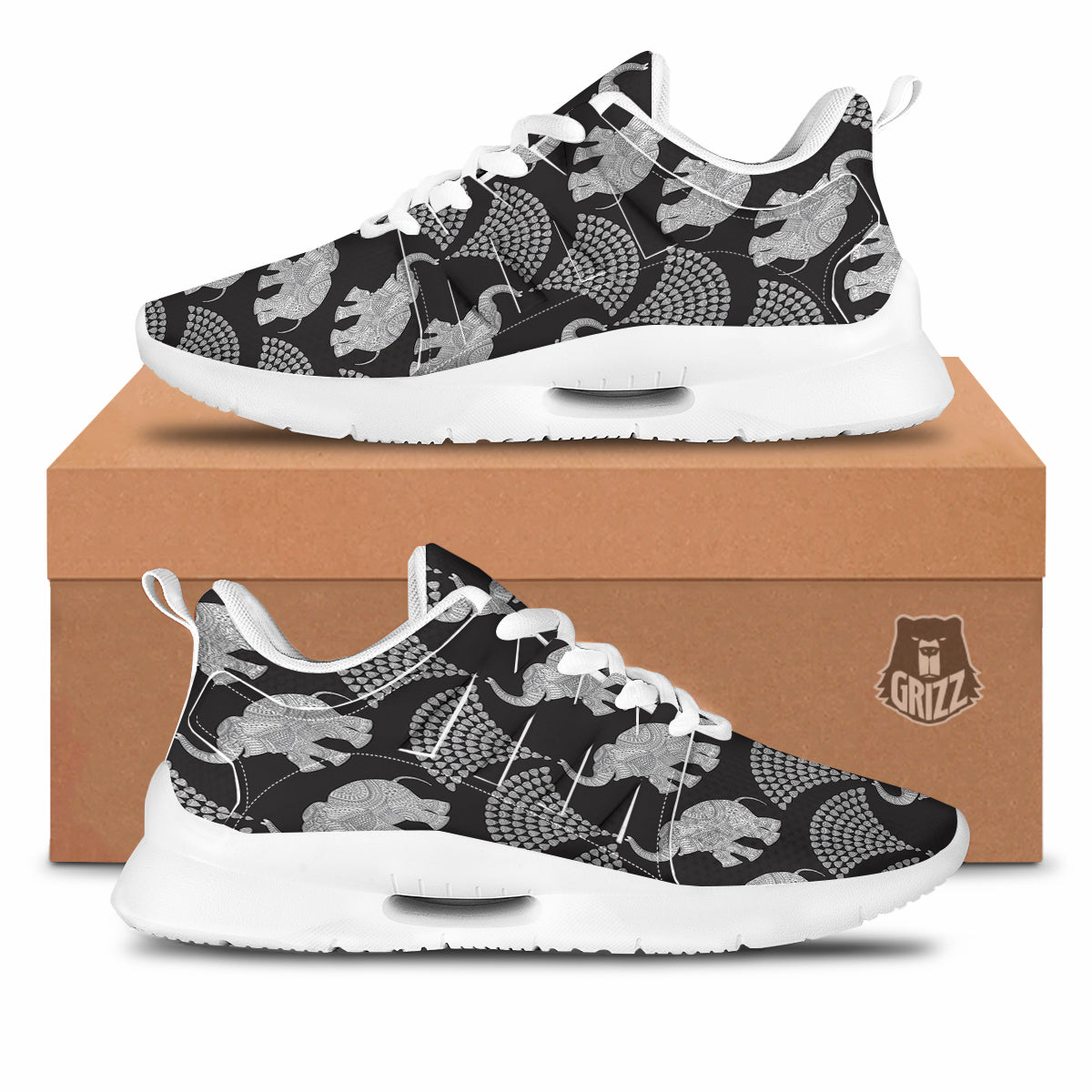 Indian Elephant Black Grey And White Print Pattern Tennis Shoes-grizzshop