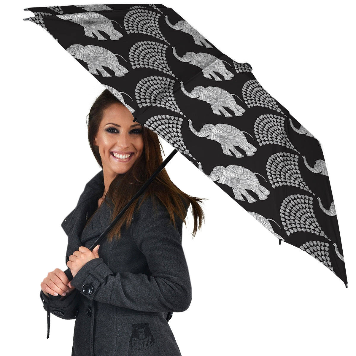 Indian Elephant Black Grey And White Print Pattern Umbrella-grizzshop