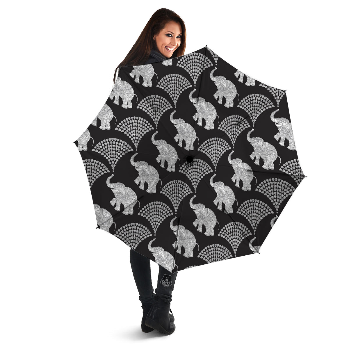 Indian Elephant Black Grey And White Print Pattern Umbrella-grizzshop