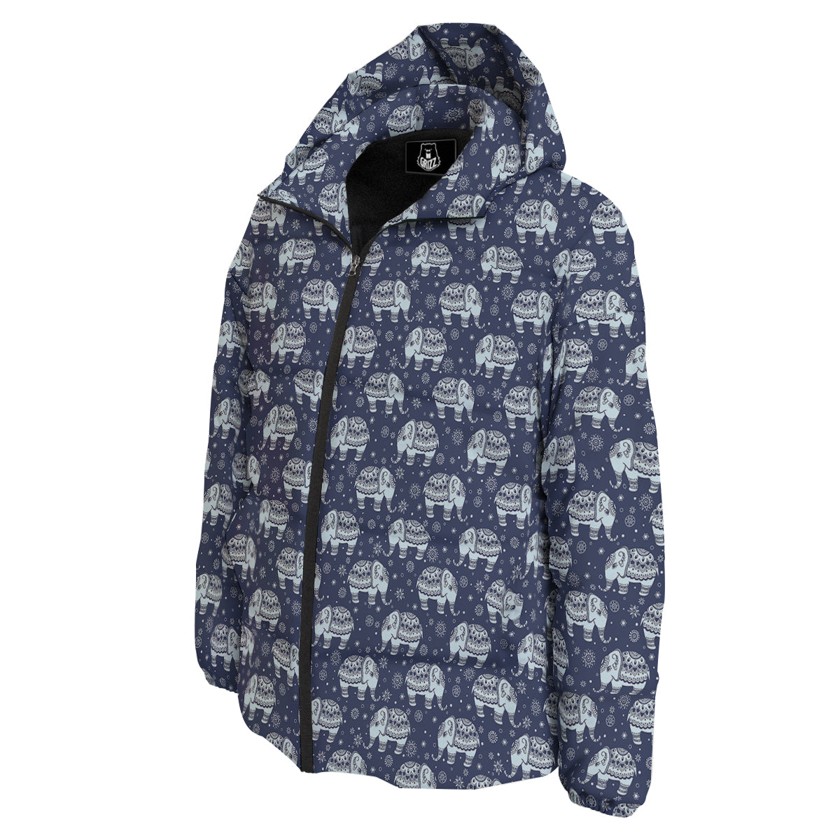 Indian Elephant Blue And White Print Pattern Down Jacket-grizzshop