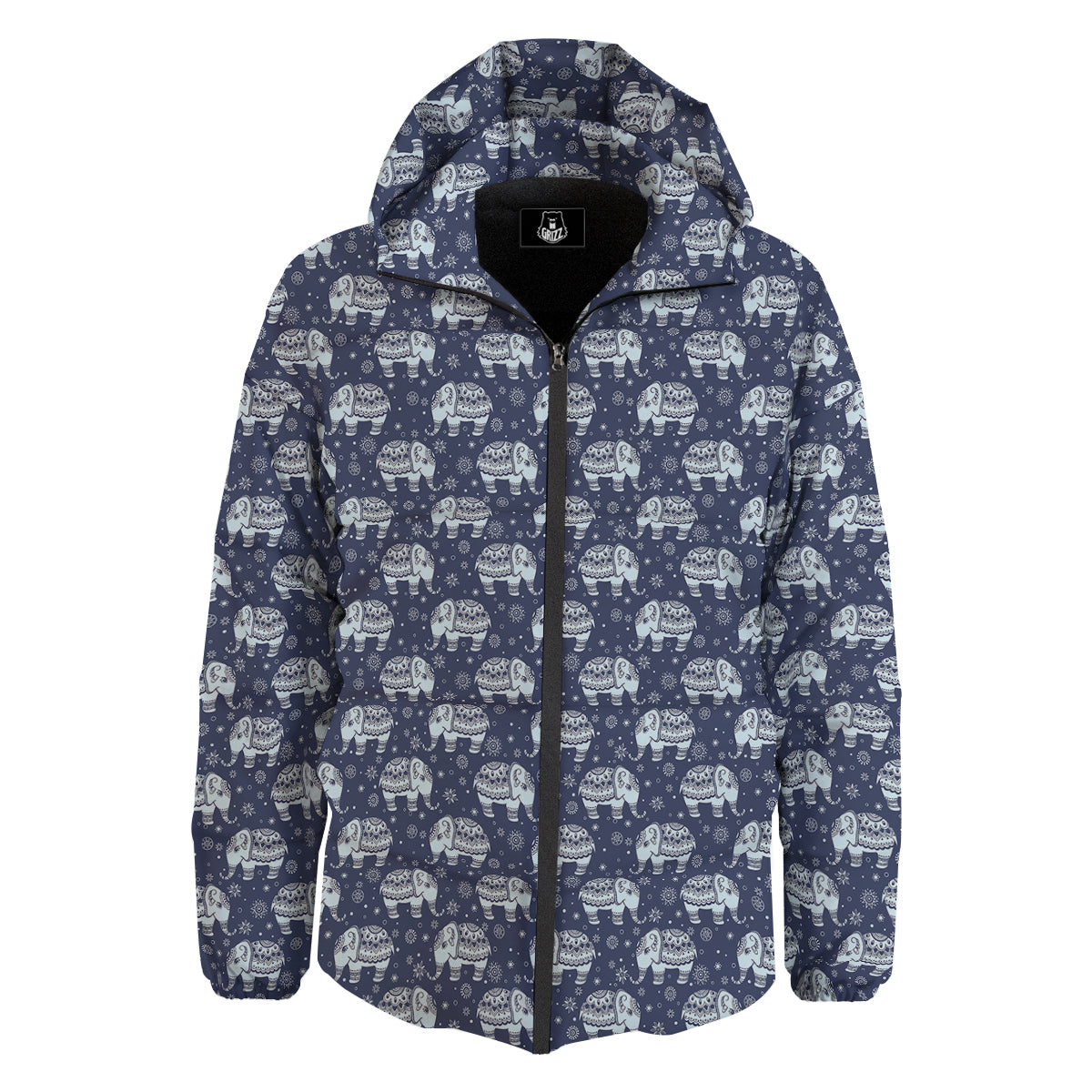 Indian Elephant Blue And White Print Pattern Down Jacket-grizzshop