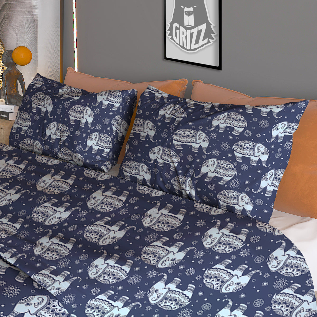 Indian Elephant Blue And White Print Pattern Duvet Cover Bedding Set