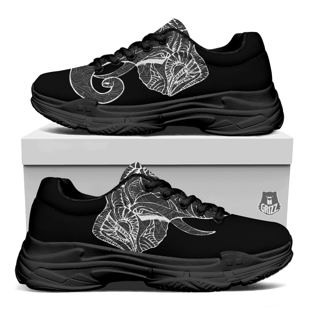 Indian Elephant White And Black Print Black Chunky Shoes-grizzshop
