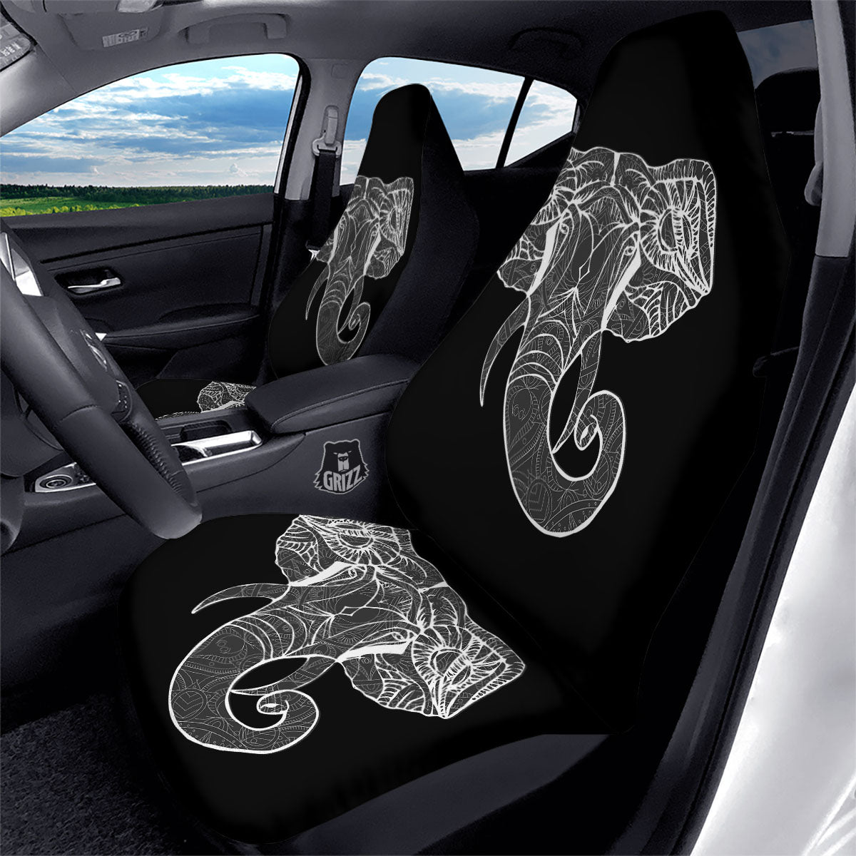 Indian Elephant White And Black Print Car Seat Covers-grizzshop