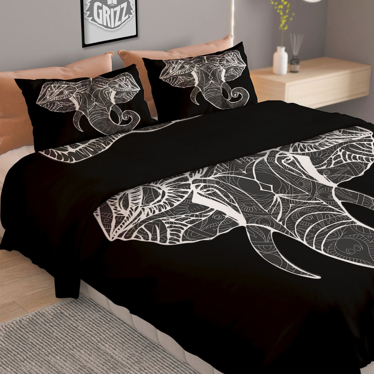 Indian Elephant White And Black Print Duvet Cover Bedding Set