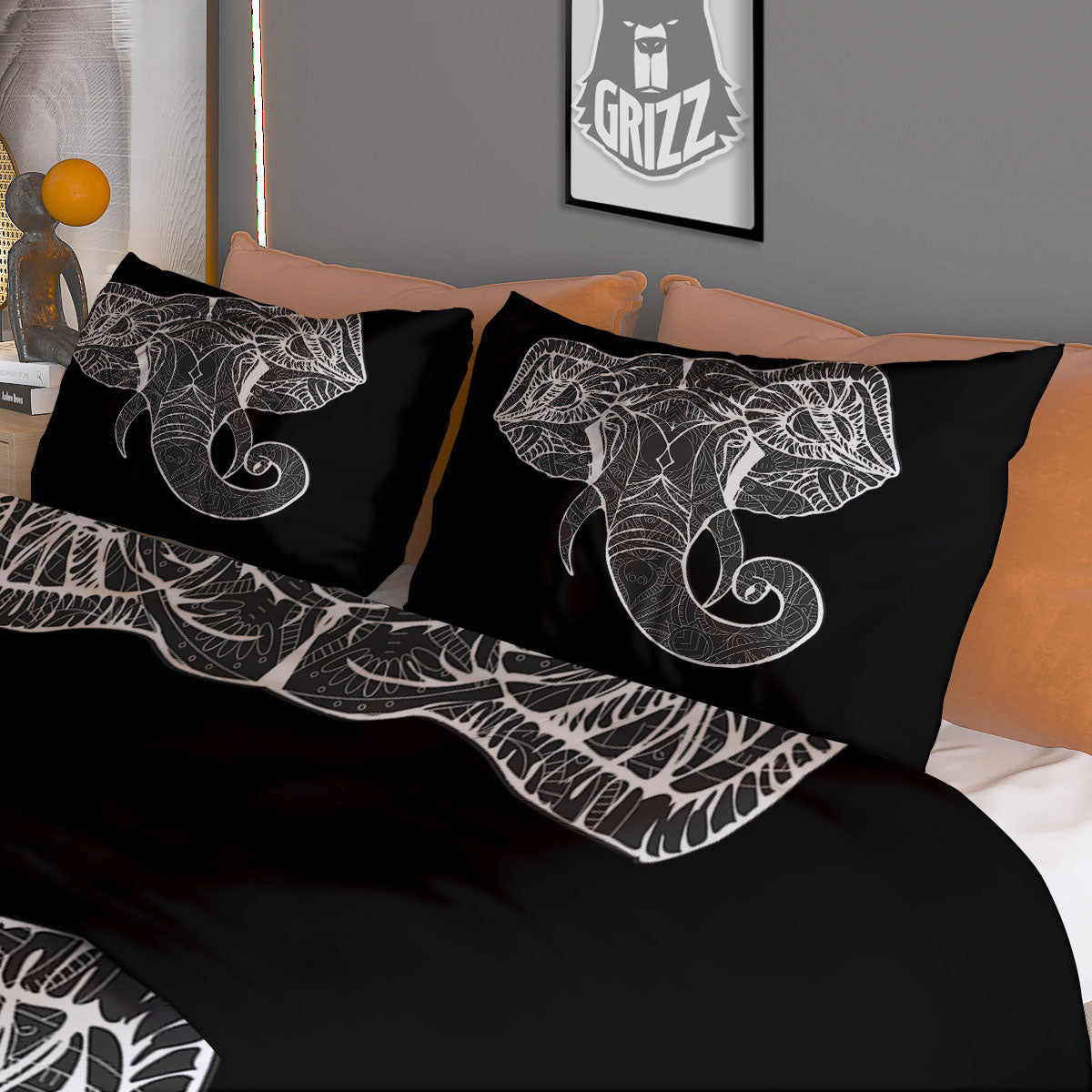 Indian Elephant White And Black Print Duvet Cover Bedding Set