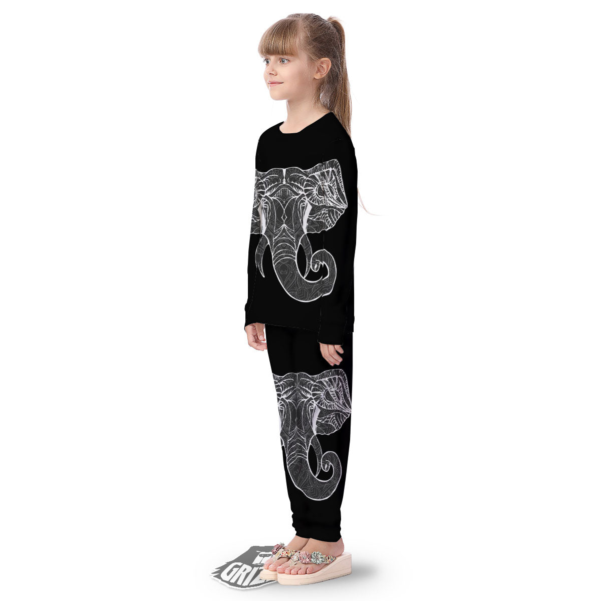 Indian Elephant White And Black Print Kid's Pajamas-grizzshop