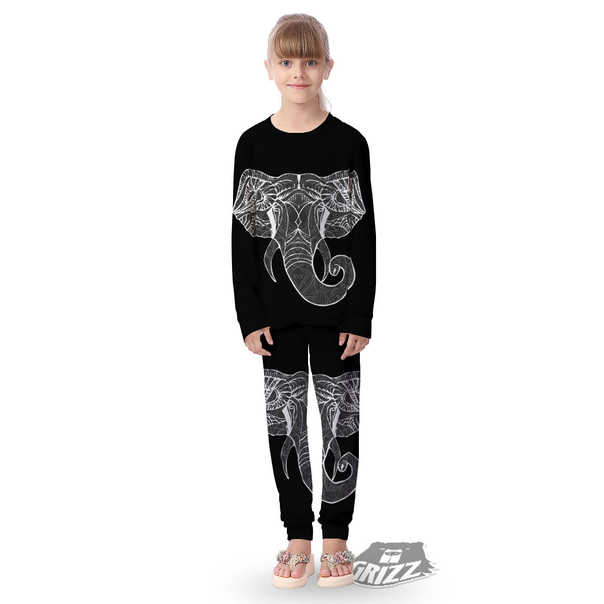 Indian Elephant White And Black Print Kid's Pajamas-grizzshop