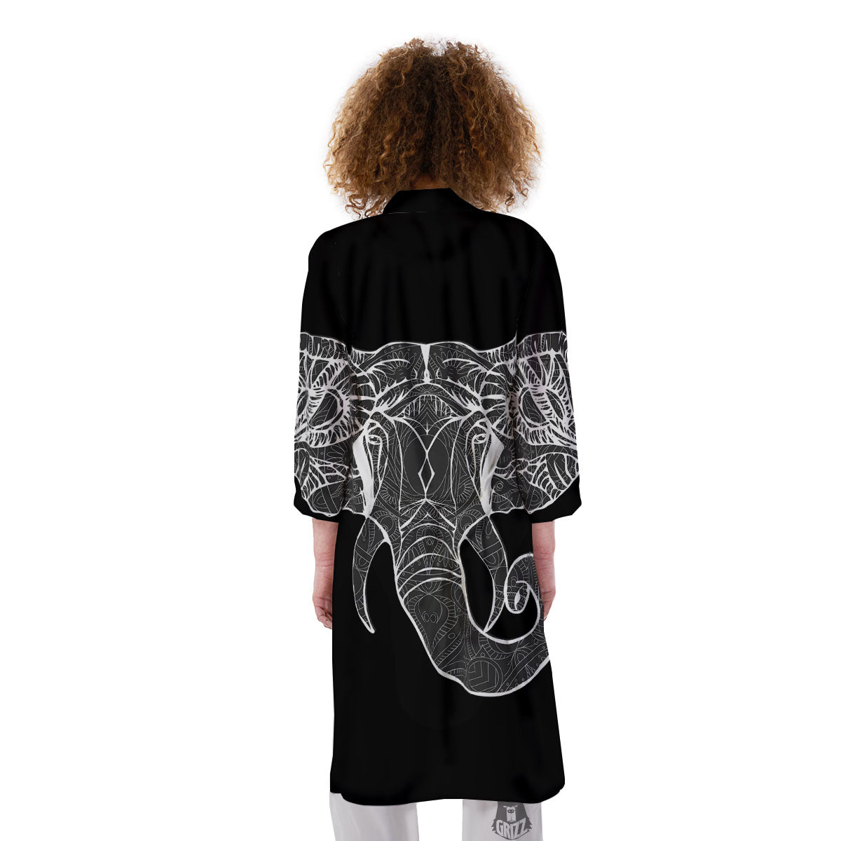 Indian Elephant White And Black Print Kimono-grizzshop
