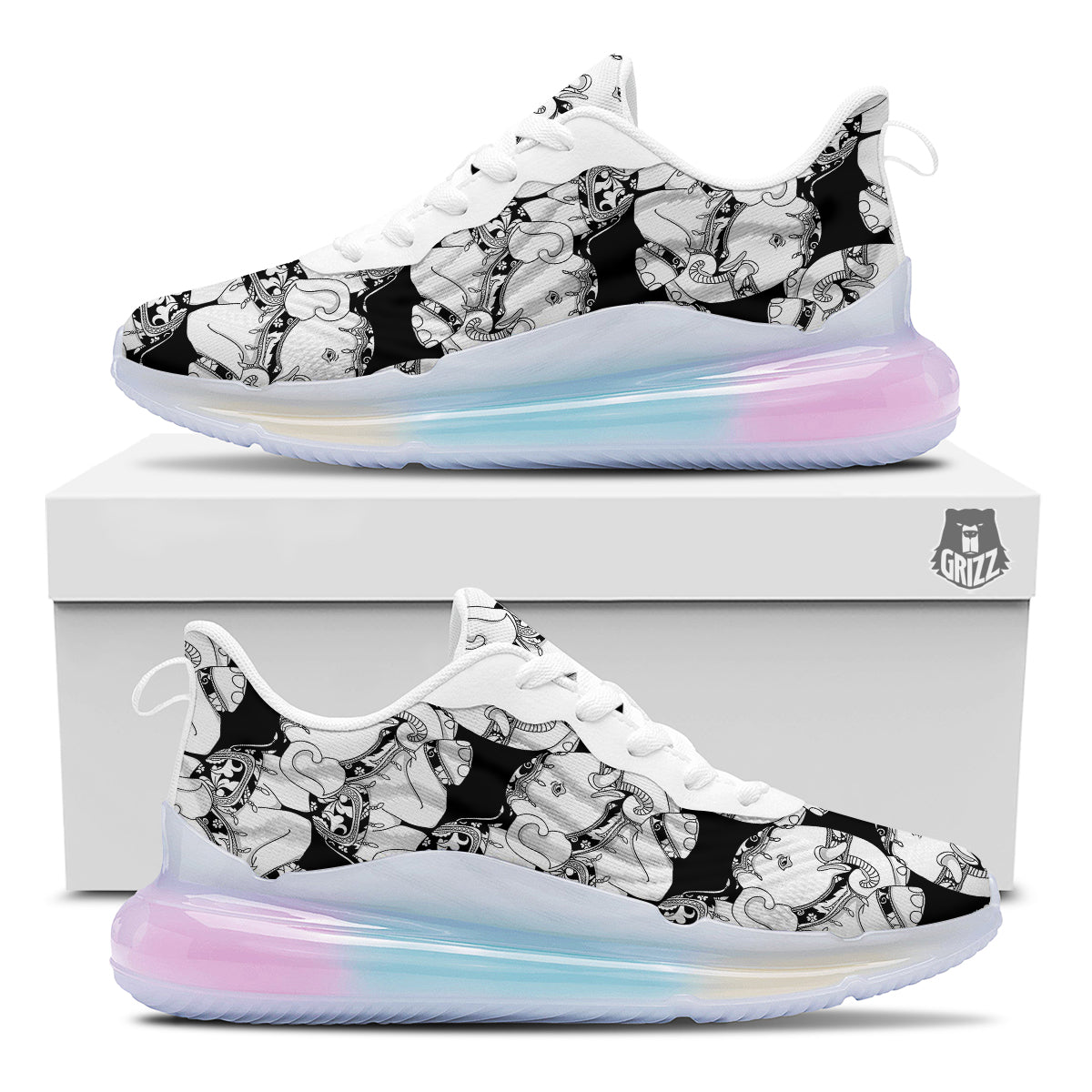 Indian Elephant White And Black Print Pattern Running Sneakers-grizzshop