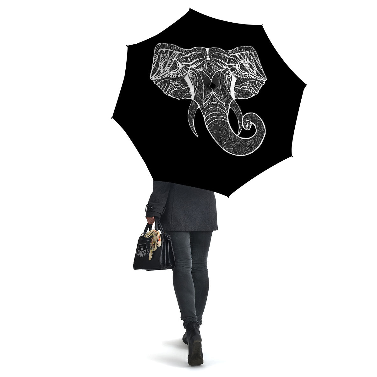 Indian Elephant White And Black Print Umbrella-grizzshop