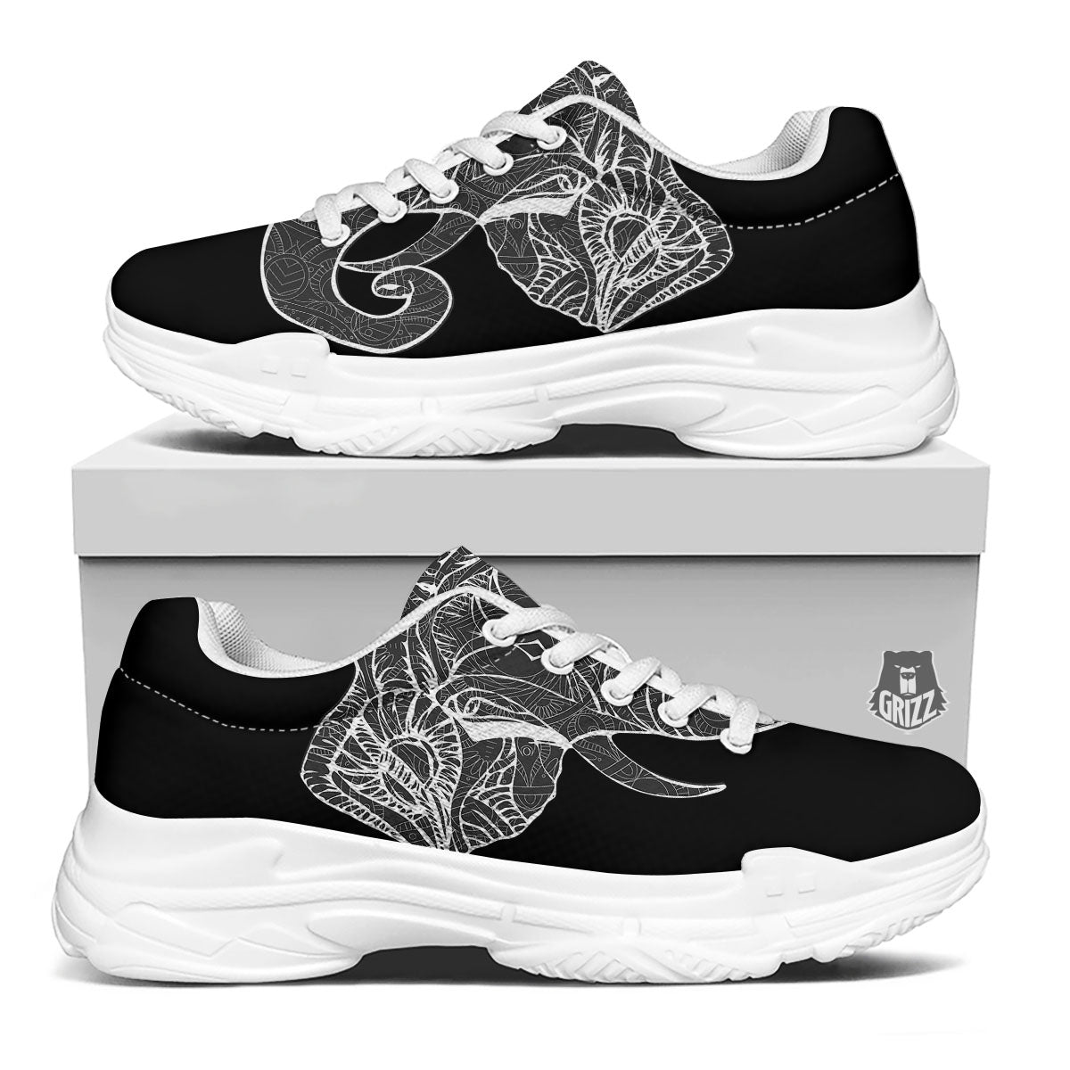 Indian Elephant White And Black Print White Chunky Shoes-grizzshop
