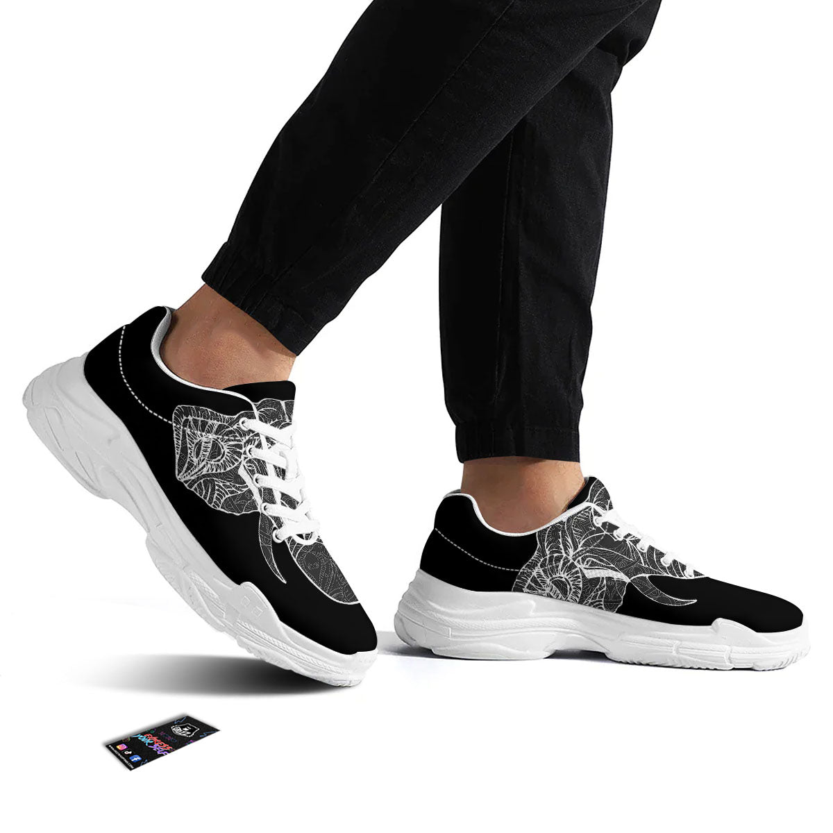 Indian Elephant White And Black Print White Chunky Shoes-grizzshop