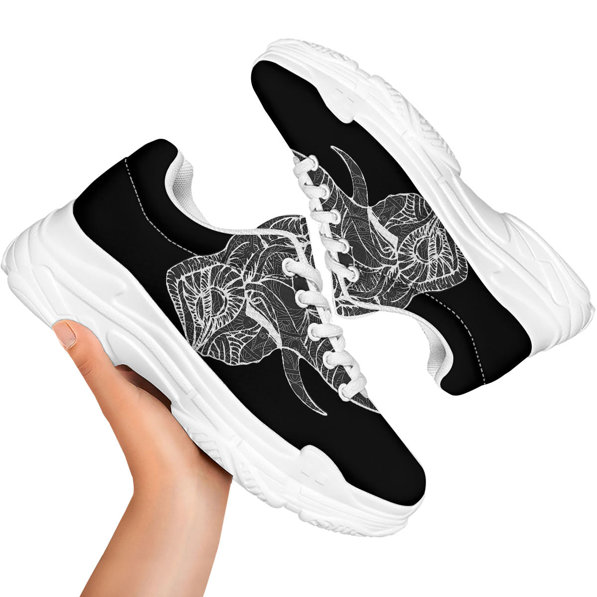 Indian Elephant White And Black Print White Chunky Shoes-grizzshop