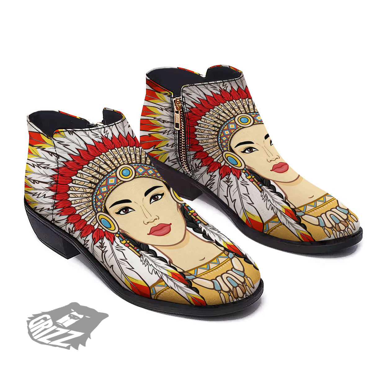 Indian Girl Native American Print Ankle Boots-grizzshop