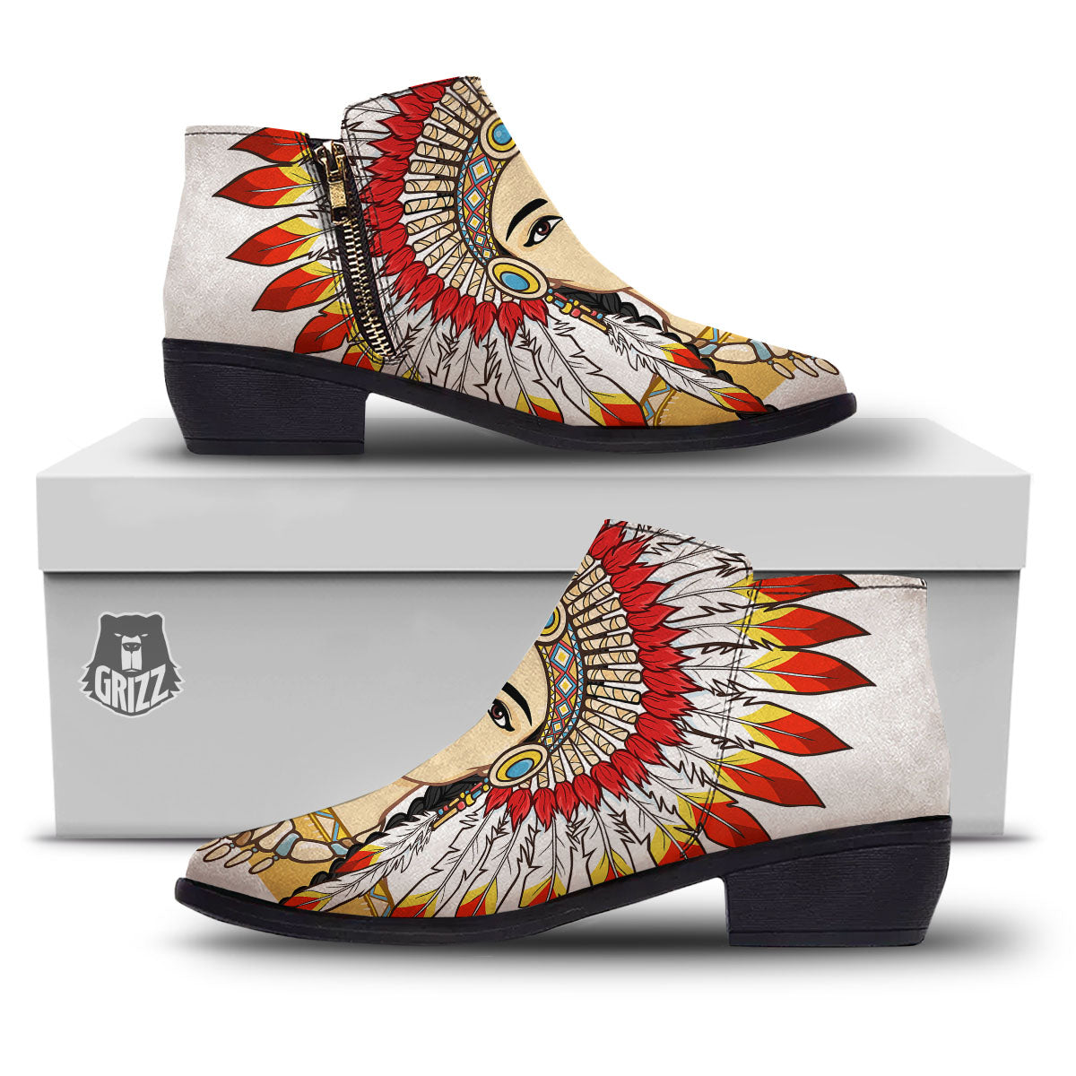Indian Girl Native American Print Ankle Boots-grizzshop