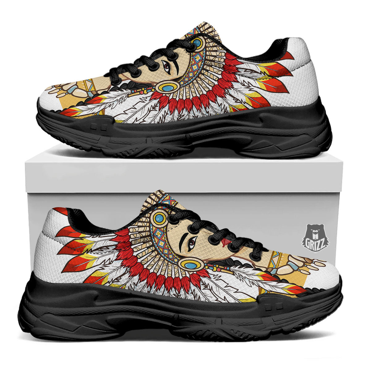 Indian Girl Native American Print Black Chunky Shoes-grizzshop