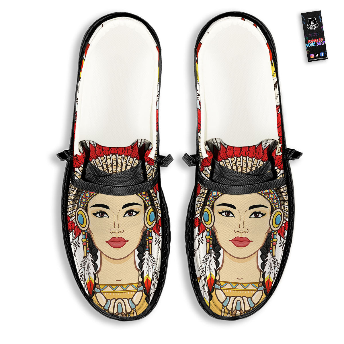 Indian Girl Native American Print Black Loafers-grizzshop