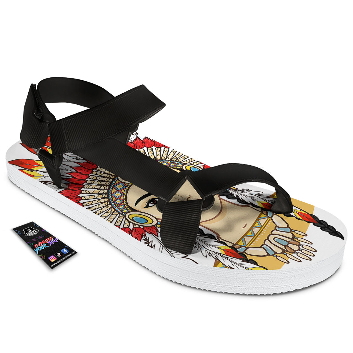 Indian Girl Native American Print Black Open Toe Sandals-grizzshop