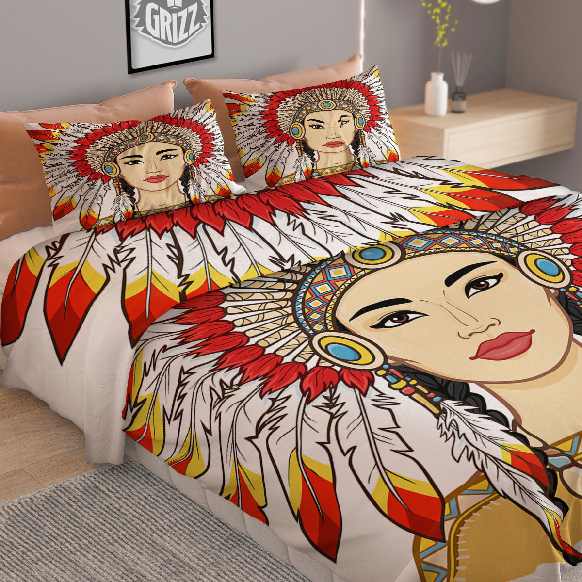 Indian Girl Native American Print Duvet Cover Bedding Set