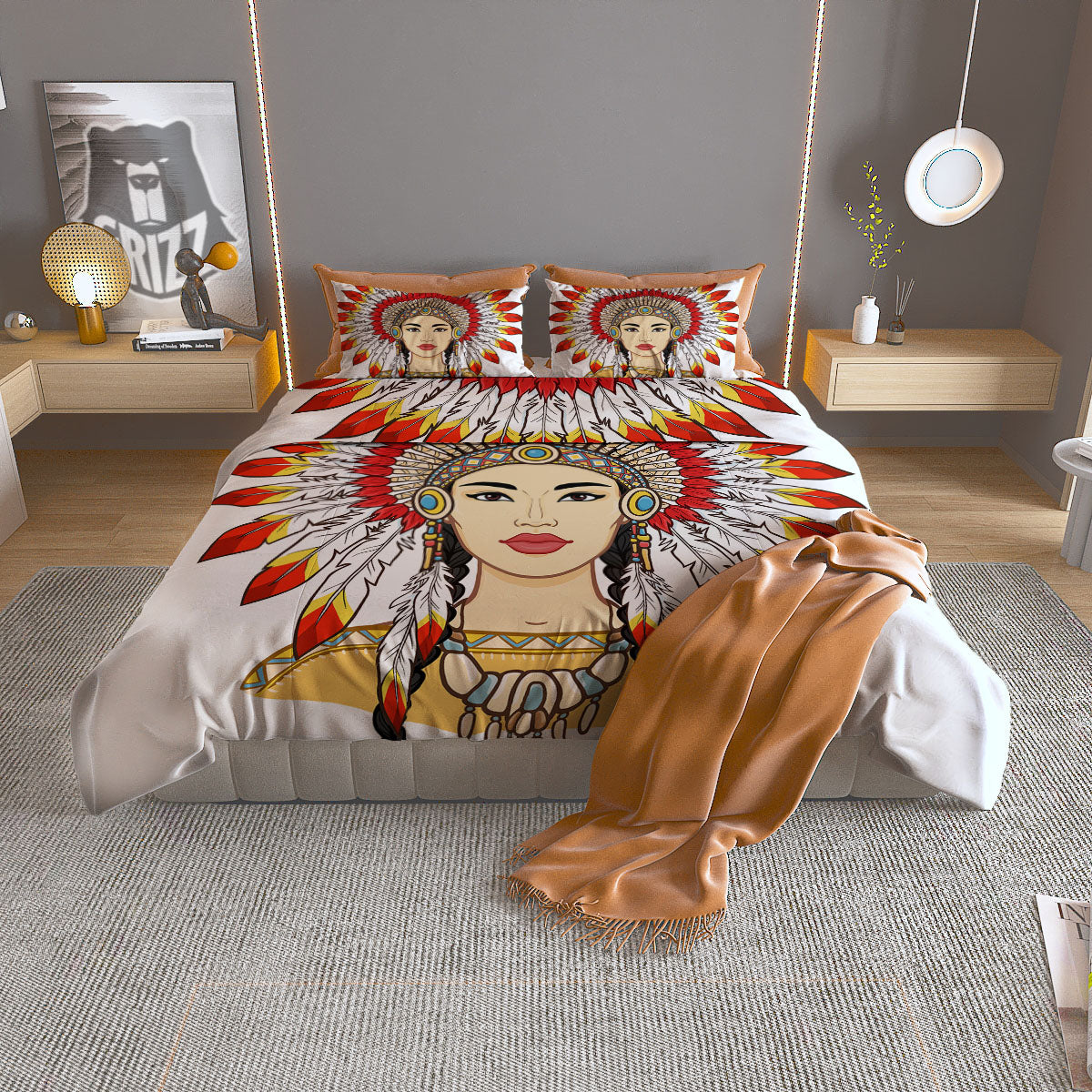 Indian Girl Native American Print Duvet Cover Bedding Set