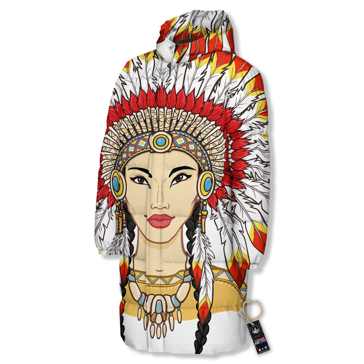 Indian Girl Native American Print Long Down Jacket-grizzshop