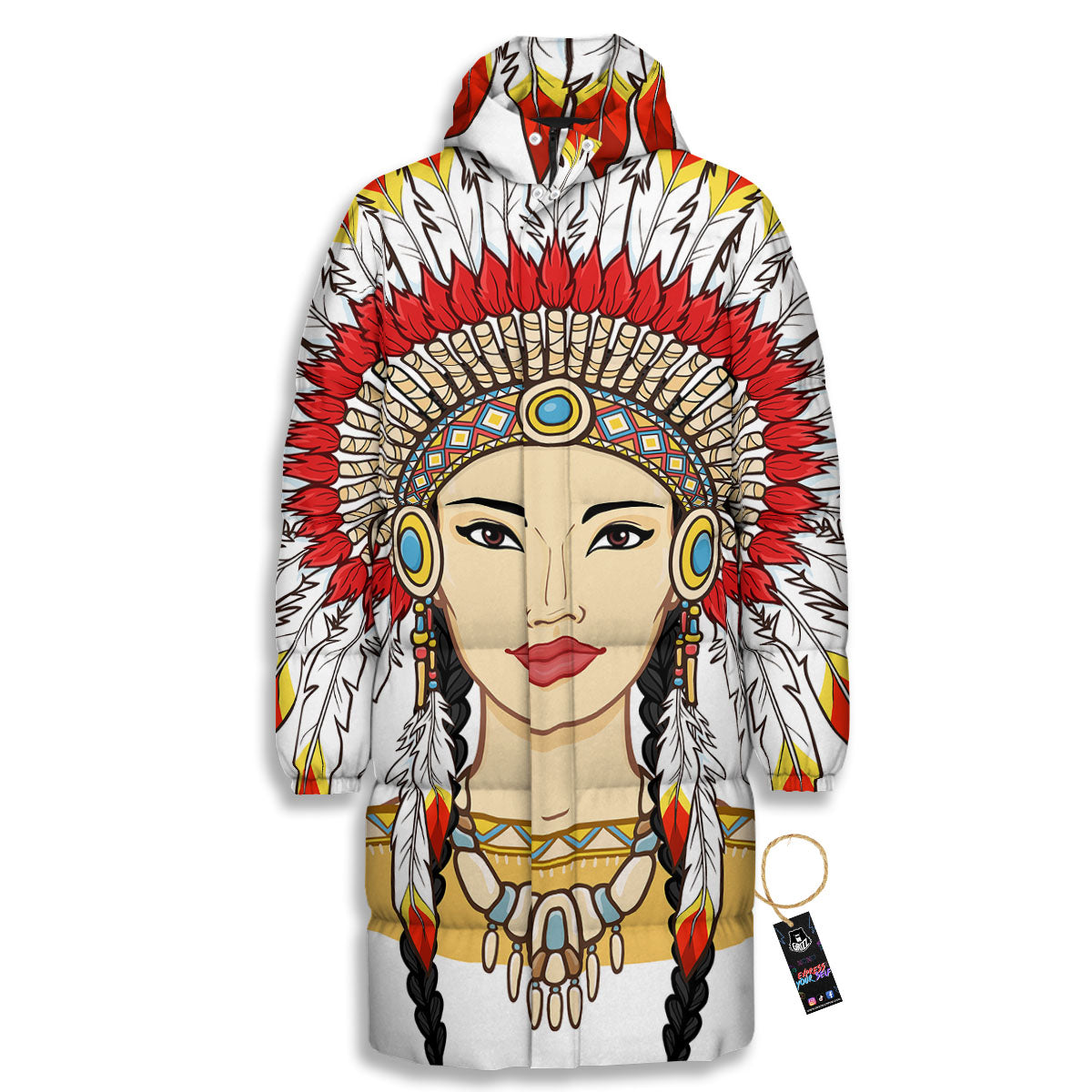 Indian Girl Native American Print Long Down Jacket-grizzshop