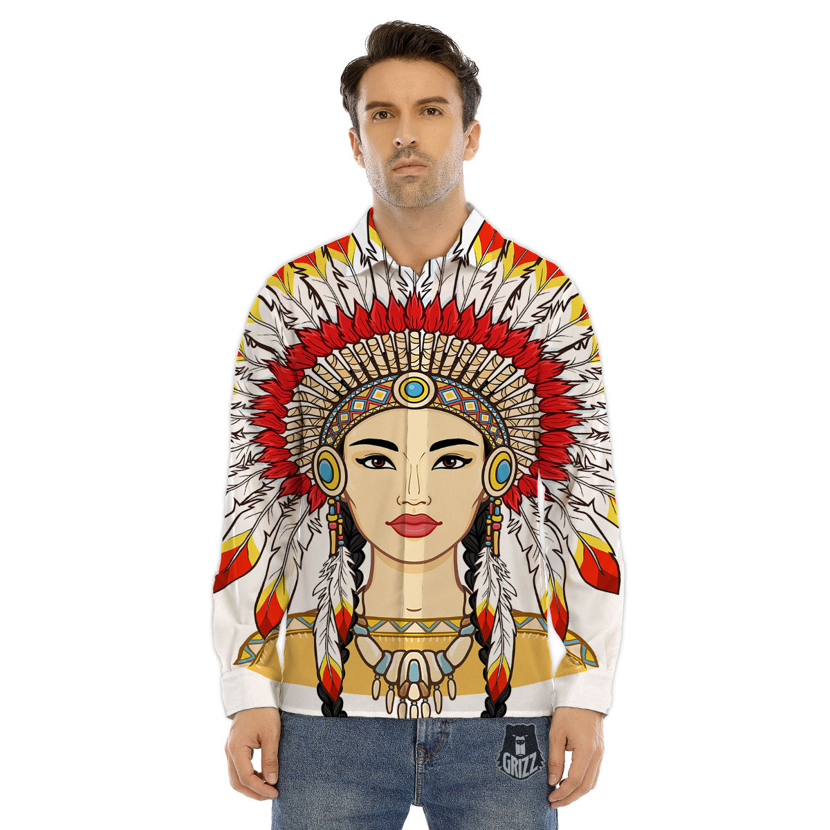 Indian Girl Native American Print Men's Dress Shirts-grizzshop