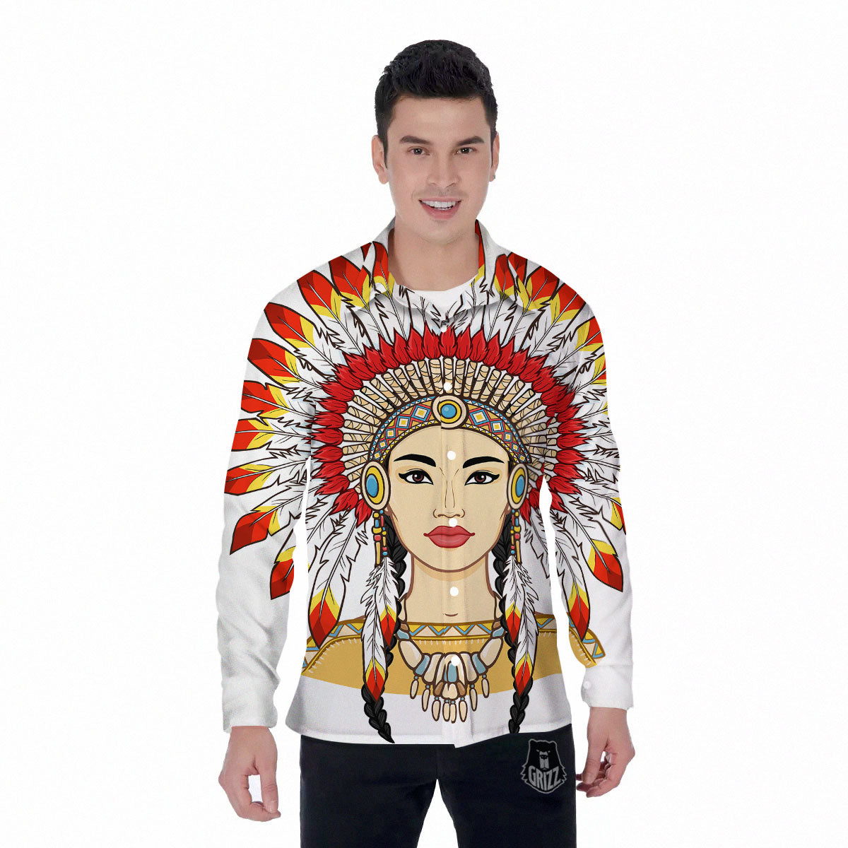 Indian Girl Native American Print Men's Long Sleeve Shirts-grizzshop