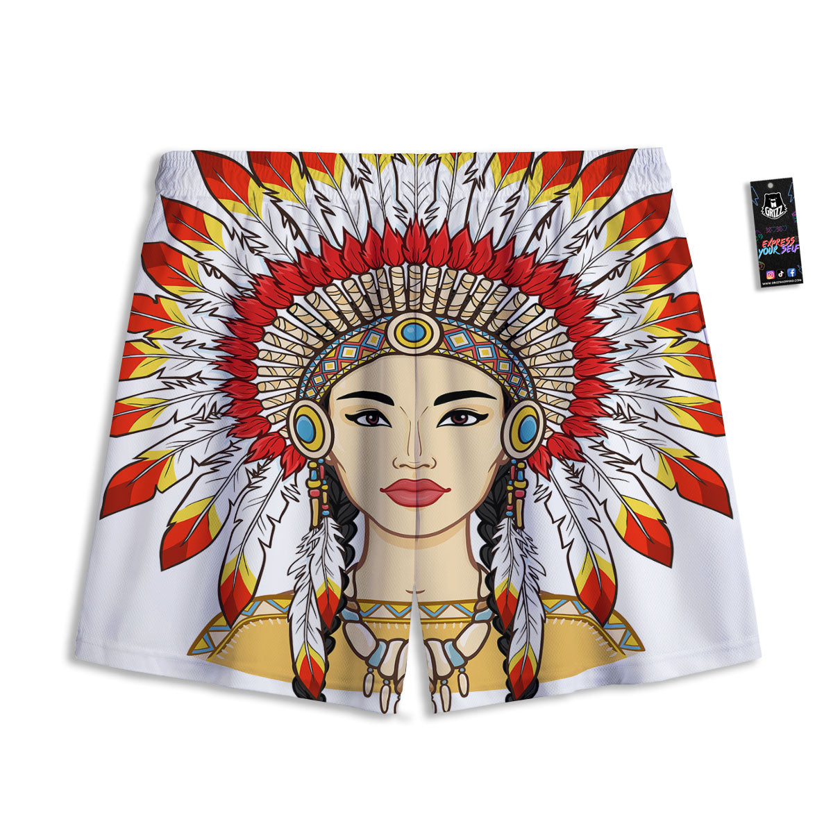 Indian Girl Native American Print Mesh Shorts