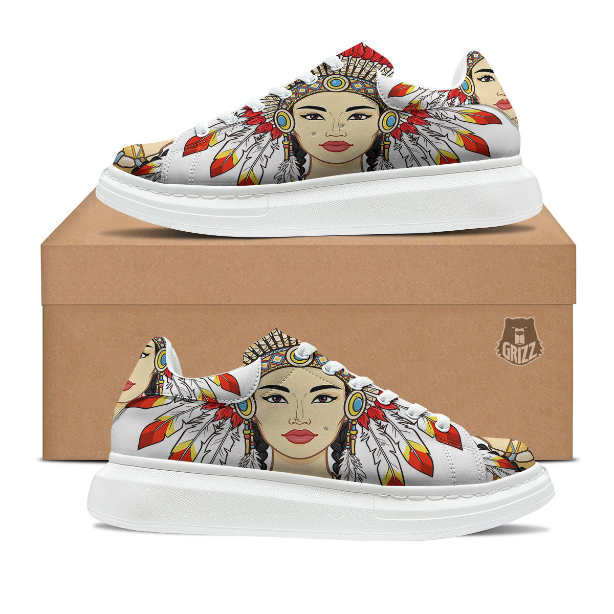 Indian Girl Native American Print Platform Shoes-grizzshop