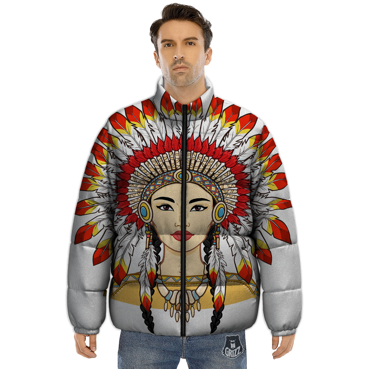Indian Girl Native American Print Puffer Jacket-grizzshop