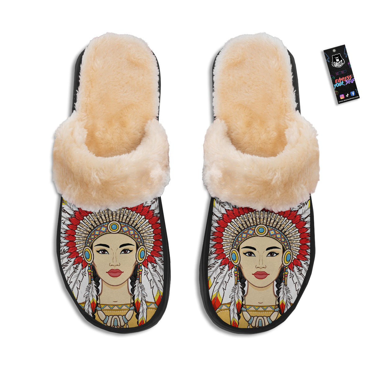 Indian Girl Native American Print Slippers-grizzshop