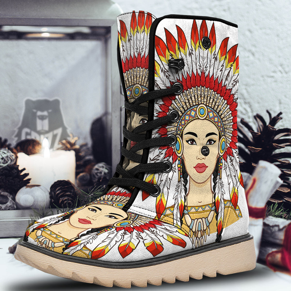 Indian Girl Native American Print Snow Boots-grizzshop