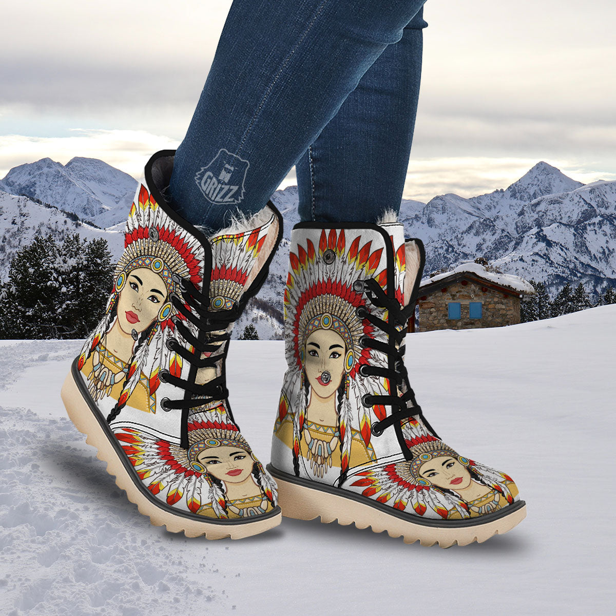 Indian Girl Native American Print Snow Boots-grizzshop