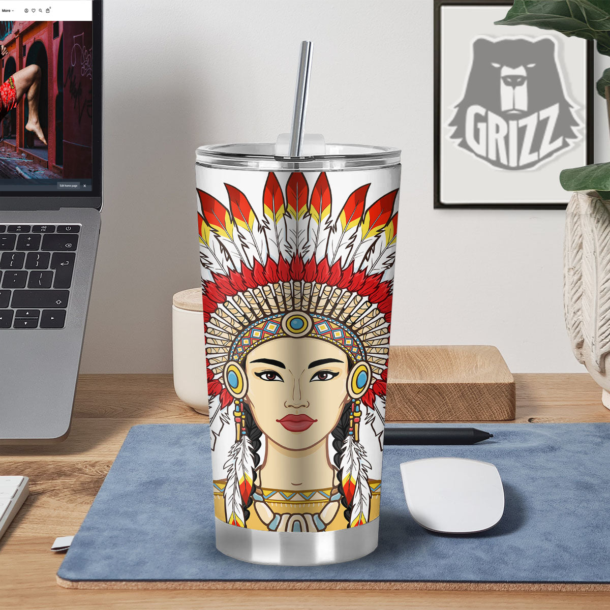 Indian Girl Native American Print Tumbler-grizzshop