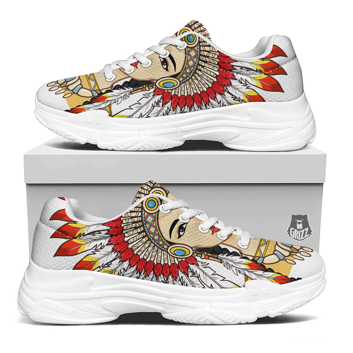 Indian Girl Native American Print White Chunky Shoes-grizzshop
