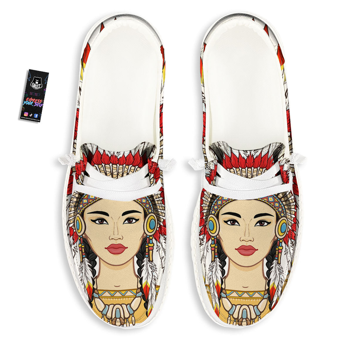 Indian Girl Native American Print White Loafers-grizzshop